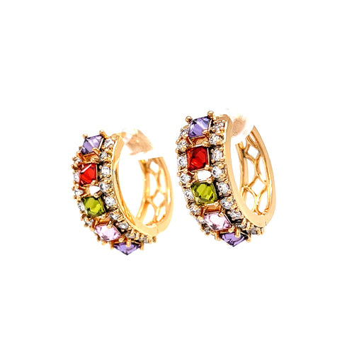 Introducing the Multi color Gemstone Zirconia Huggies Earrings, crafted from rose gold-filled materials. These earrings feature a stunning honeycomb design embellished with vibrant zirconia gemstones in red, purple, green, and pink hues. Additionally, clear crystals accentuate the vivid stones. Perfect for sensitive ears, these earrings are hypoallergenic.